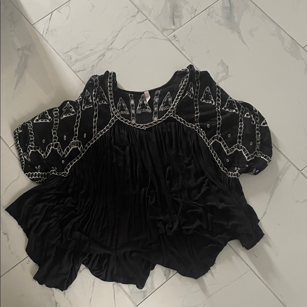 Free People Black Embroidered Puff Sleeve Blouse